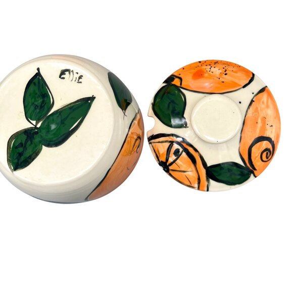 Art Studio Pottery Creamer Pitcher Lidded Sugar Bowl Set Oranges Citrus Signed - Picture 9 of 11